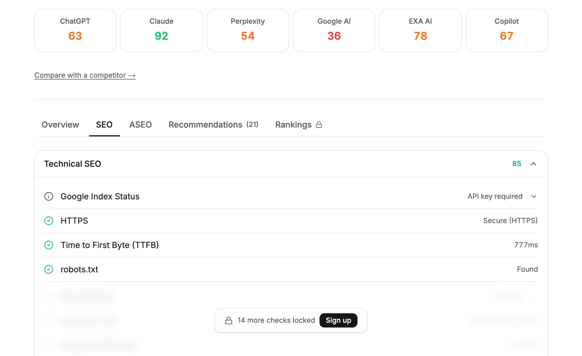 SEO checks list showing Technical SEO checks and locked premium checks